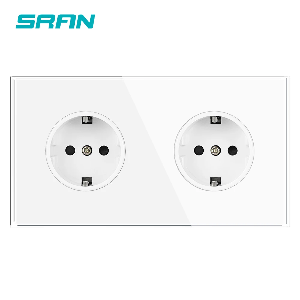 SRAN 2 gang EU Electrical Sockets AC 250V 16A Full Screen Tempered Glass Panel, Double Power socket home appliance