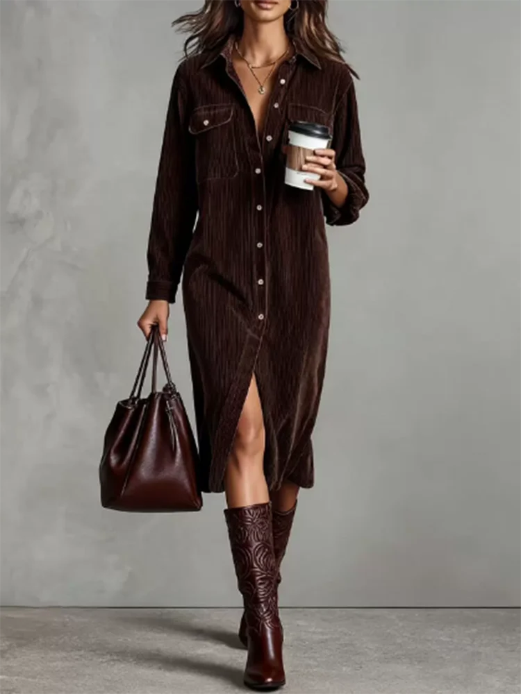 Robe mi-longue élégante à revers, simple boutonnage, décontractée, manches longues, fendue, chemises amples, mode pour les déplacements, robes de soirée solides, 2025