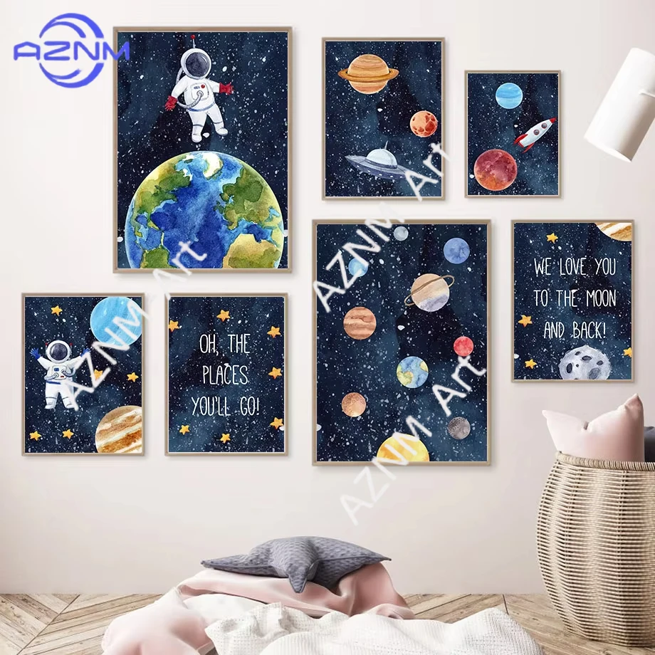 1 Stück Astronaut Raumschiff Galaxie Erde Mars Stern Cartoon Poster Wandkunst Druck Leinwand Gemälde Kinderzimmer Bilder Raumdekoration