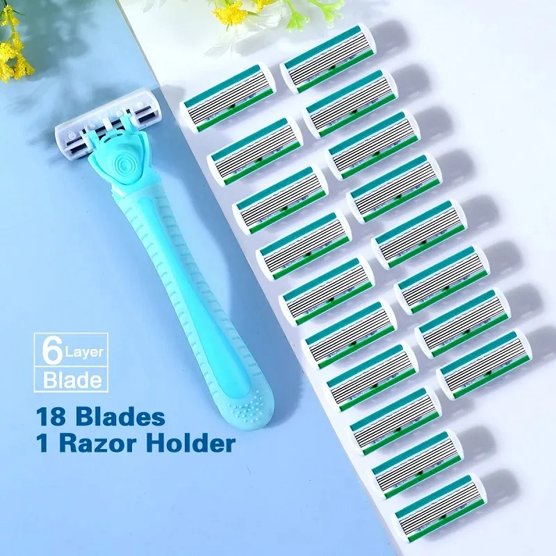 Blades Replaceable Shaver Head 1 Handle + 18 Blades/ Women Manual Safety razor 6-Layer Stainless Steel Hair Removal Shaving