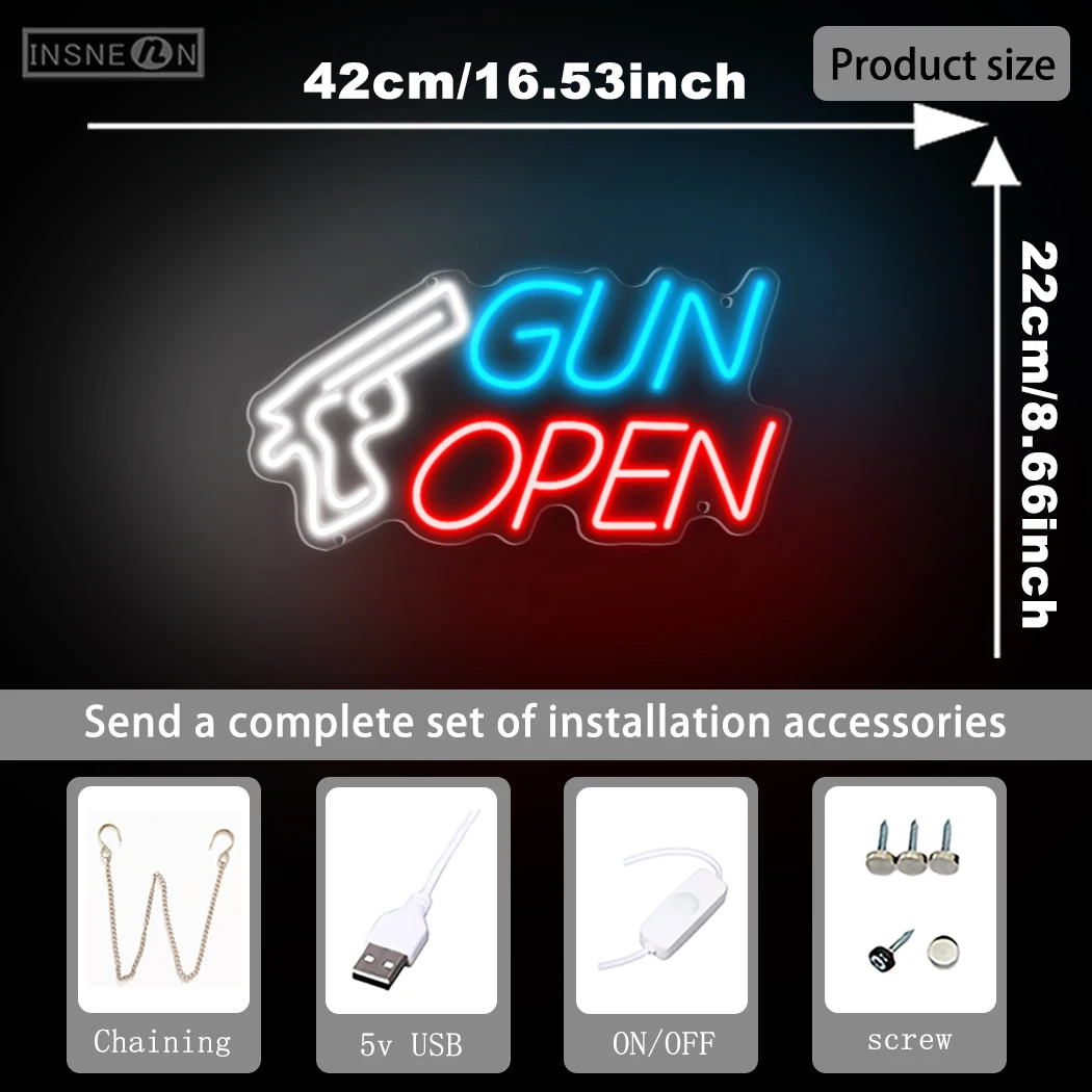 총 모양 네온사인 LED USB 전원 공급, 사냥 가게 장식, 게임룸, 맨케이브, 총클럽, 파티, 바, 침실, 방, 파티 장식용