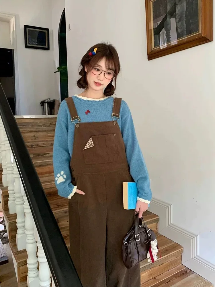 Caramel Corduroy Overalls Women's Autumn 2025 New Sle Cute Vintage Loose Straight Leg Jumpsuit High Waist Button Closure