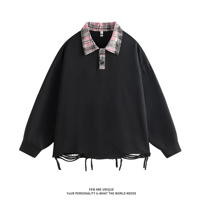 Plaid Collars Long-sleeve Polo Shirts Retro Chic Ripped Details Sweatshirt Street Style Outfits Loose Casual Wear for Men Women