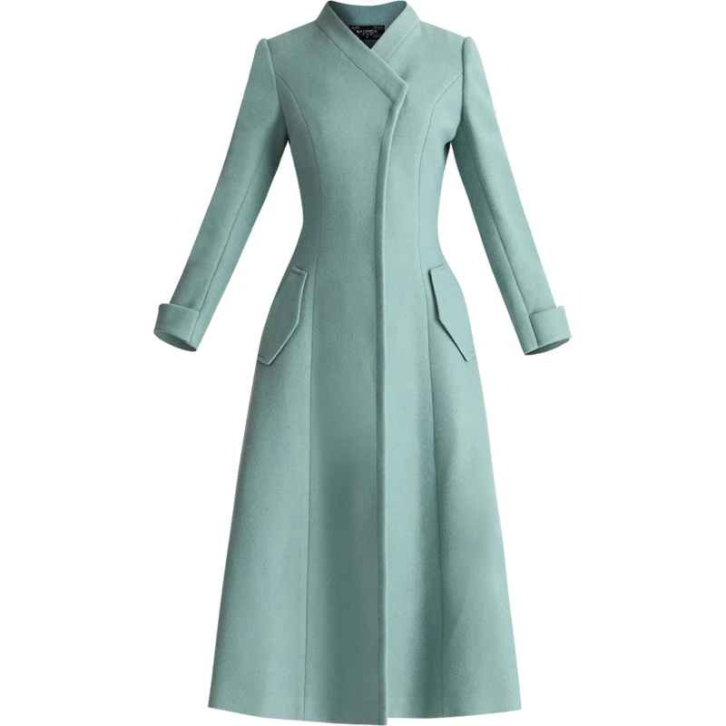 

2022 Winter Wool Coat England Style Green Coat for Office Lady Pockets Windbreaker V-neck Jackets Trench Coat Covered Button