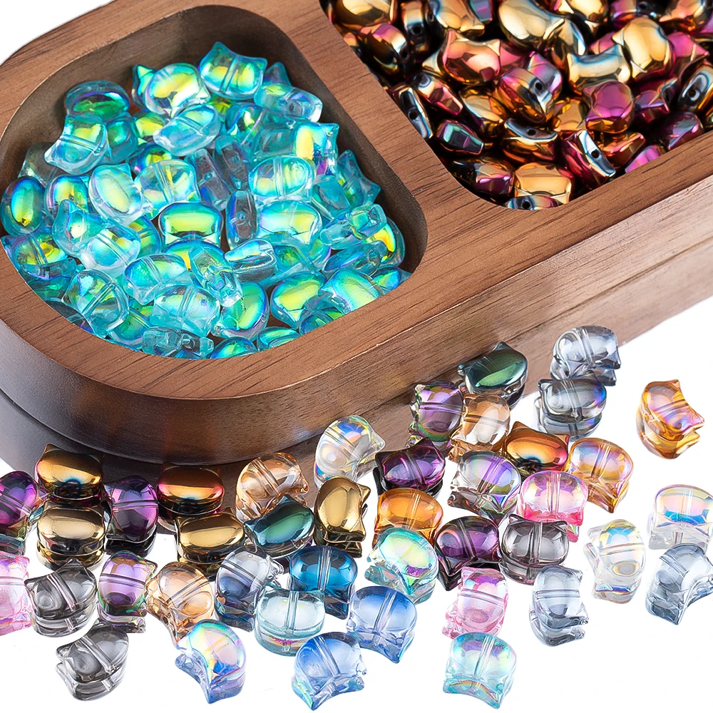 50pcs Colorful Cat Head Glass Spacer Beads for DIY Bracelet Necklace Mobile Phone Chain and Keychain Making Accessories