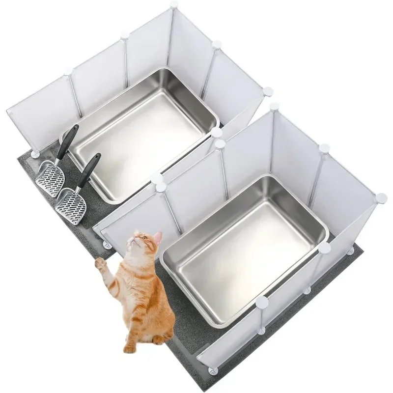 

Extra Large Giant Stainless Steel Litter Box for Cats with Metal Cat Litter Scoop,8 Litter Splash Shield and Cat Litter Mat