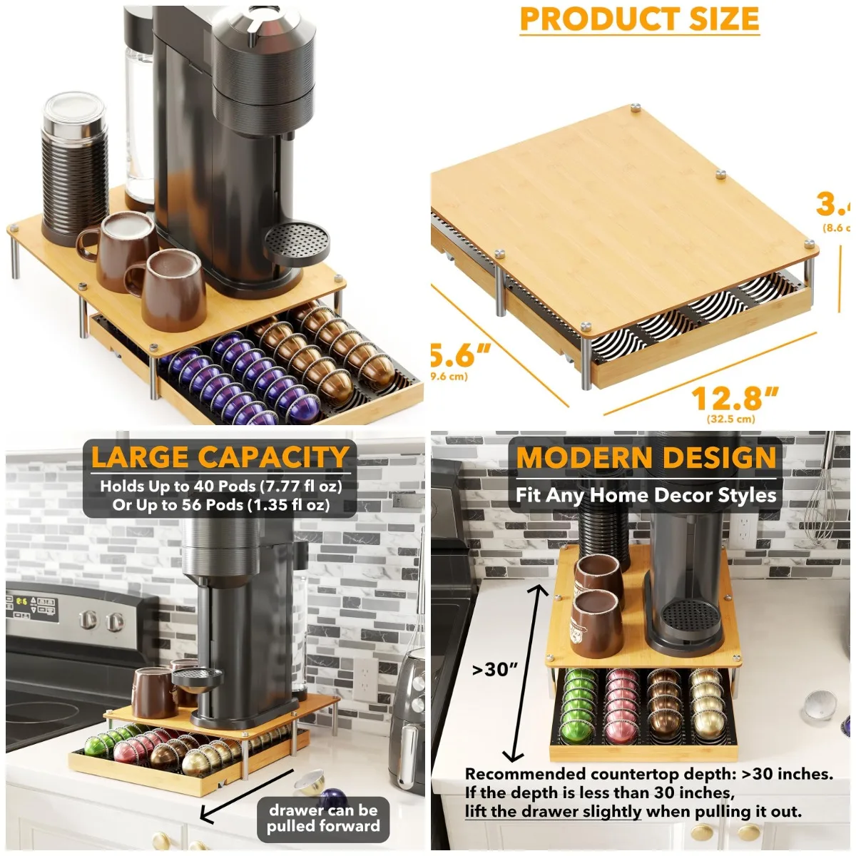 

Bamboo Coffee Pod Holder for Nespresso Vertuo, Fits 40 Large or 56 Small Pods, Natural