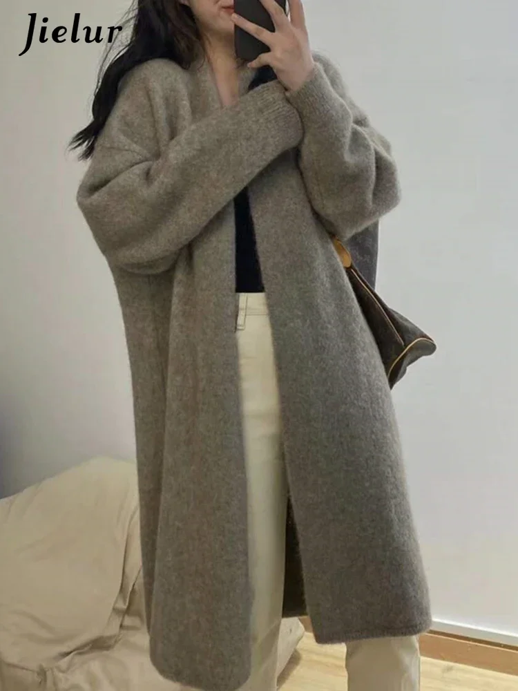 Jielur Autumn New Solid Color Thick Warm Loose Women Cardigan Basic Simple Casual Office Ladies Fashion Knitting Female Cardigan