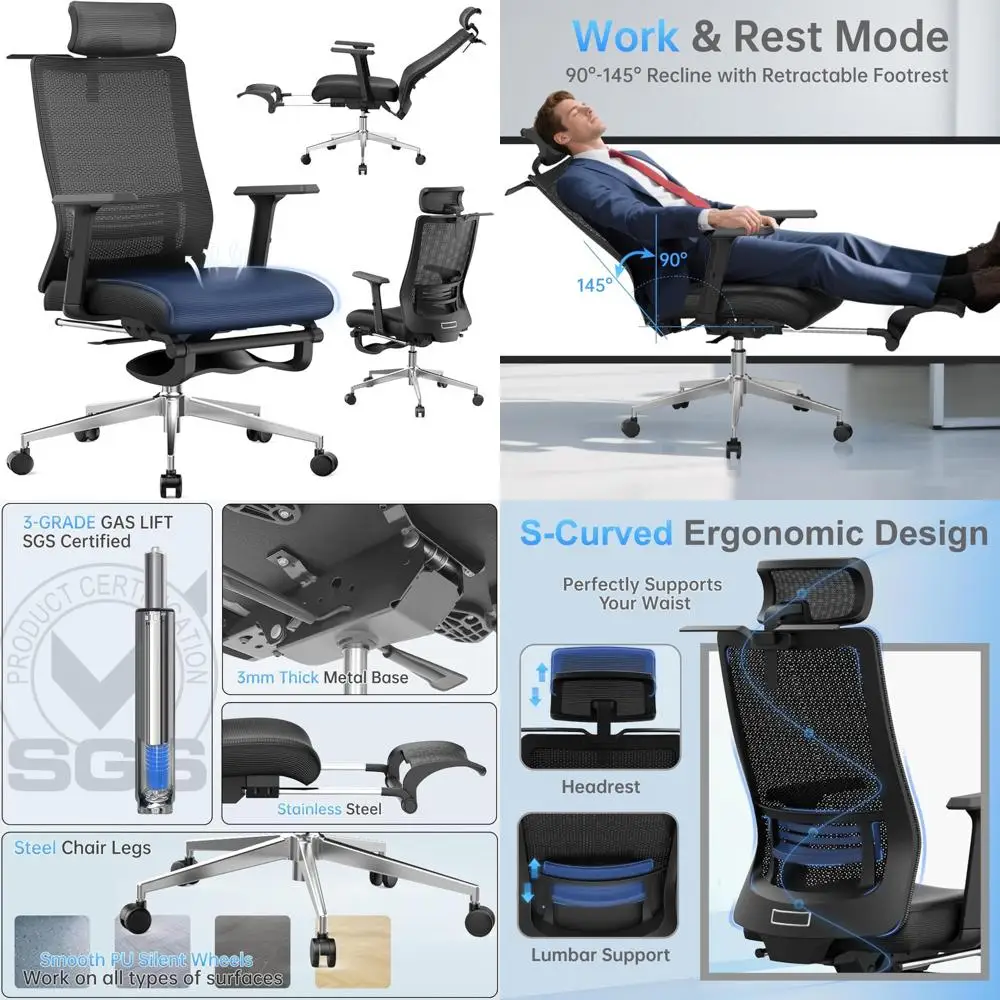 

Ergonomic Office Seat with Adjustable Lumbar Support and Headrest, 3D Armrests, Quiet Wheels, 145° Recline with Footrest, Sturdy