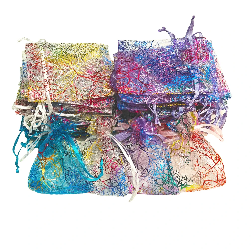 25/50/100 teile/los Organza Geschenk Beutel Schmuck Verpackung Kordelzug Multi-größe Bunte Korallen Druck Party hochzeit Süßigkeiten Tasche – Detail 1