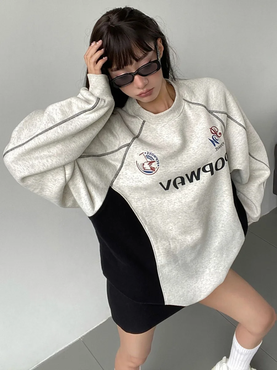 Grey Womens Clothing Vintage Street Sweatshirt Hooded Y2K Letter Pullover Long Sleeves Plush Warm Oversize Baggy Ladies Tops