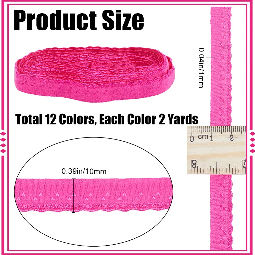 24 Yards 12 Colors Chinlon Wavy Edge Elastic Band Flat Garment Accessories Mixed Color 10x1mm 2 yards/color