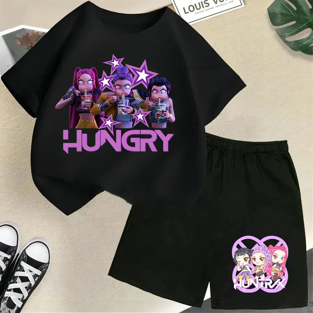 

New KPop Demon Hunters Saja Boys Cartoon Boys T-shirt Round Neck Print Fashion Casual Top Children's T-shirt Kids Clothing 2pcs
