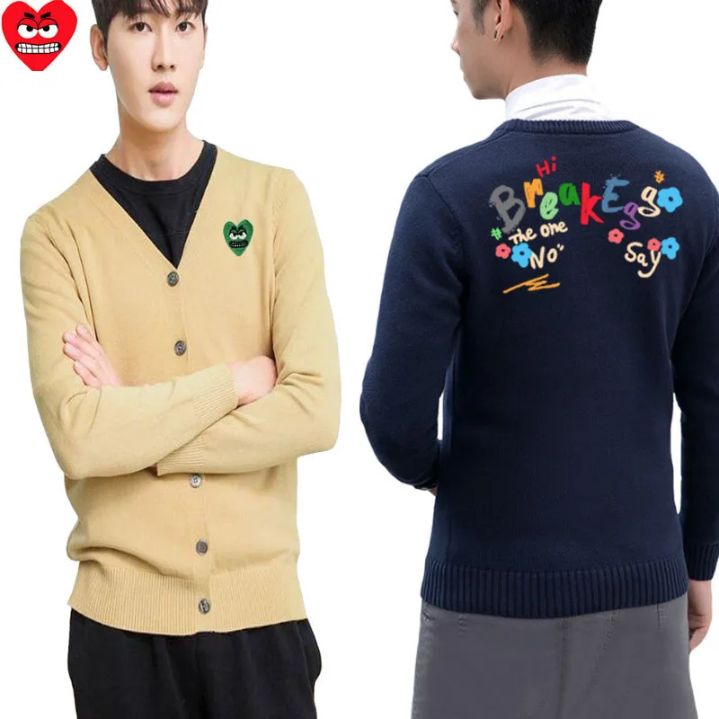 

Break Egg Men's Open Woolen Sweater Heart Embroidered Break Egg Letter Printed V-neck Single Breasted Long Sleeve Autumn Sweater