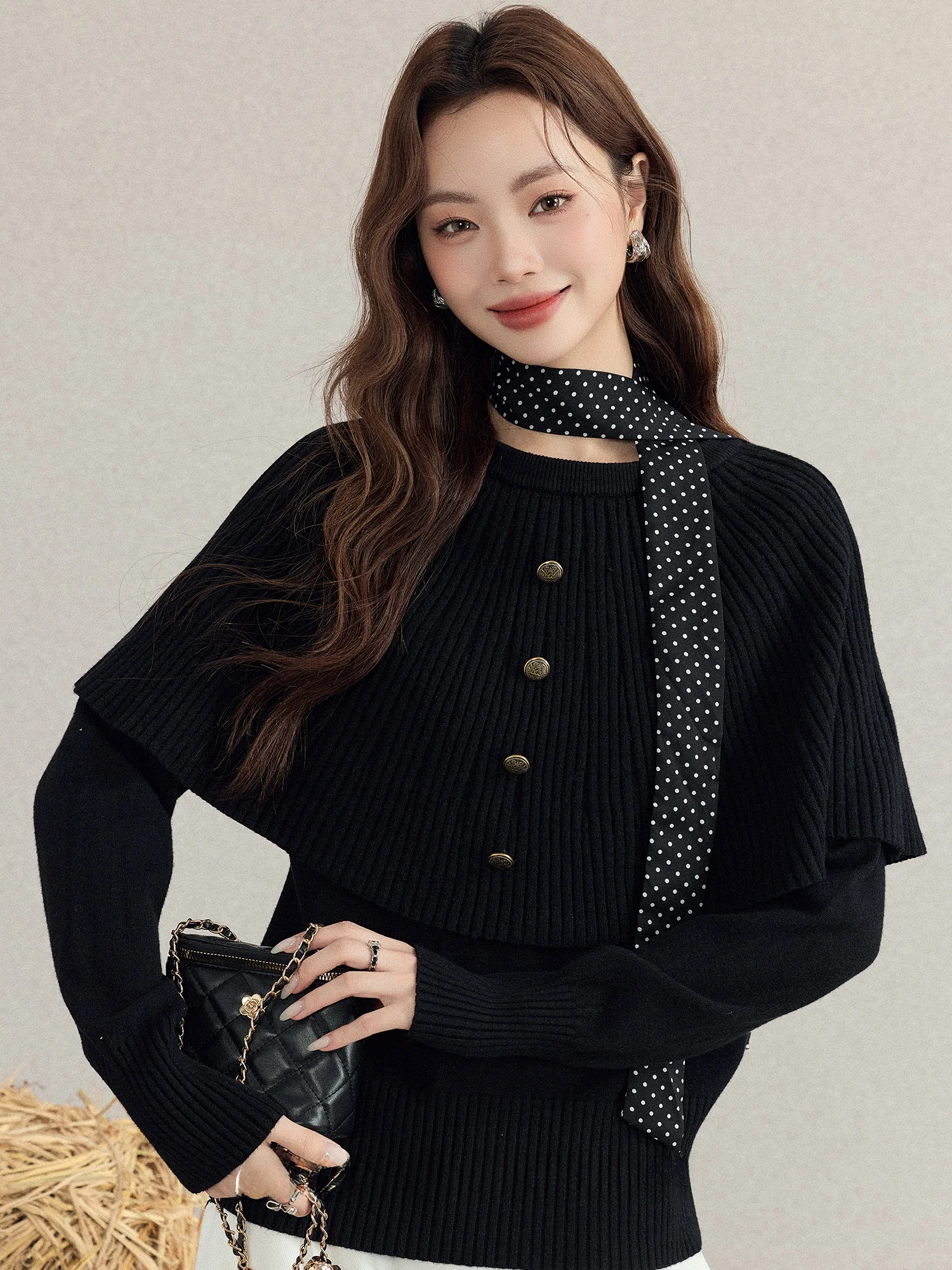 

Bla Polka Dot Belted Cape oulder Soft Cozy Knitted Sweater Women's Princ Sle Slimming Base Layer Autumn Winter Sweater