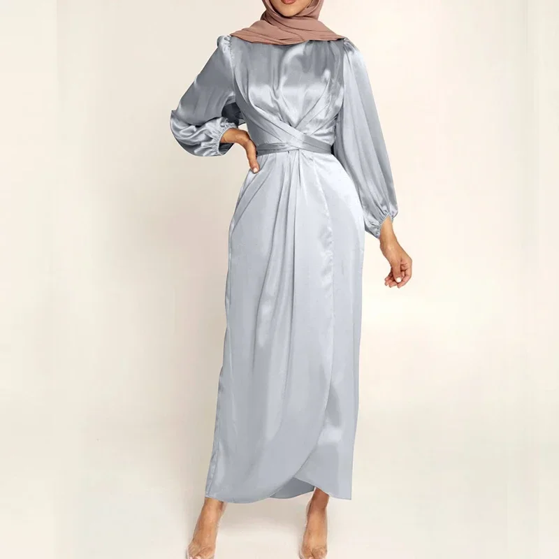 Women Arab Muslim Dresses Satin Long Sleeve Maxi Dress Solid Color Wrap Front Self-Tie Party Dress Prom Evening Robe De Soiree