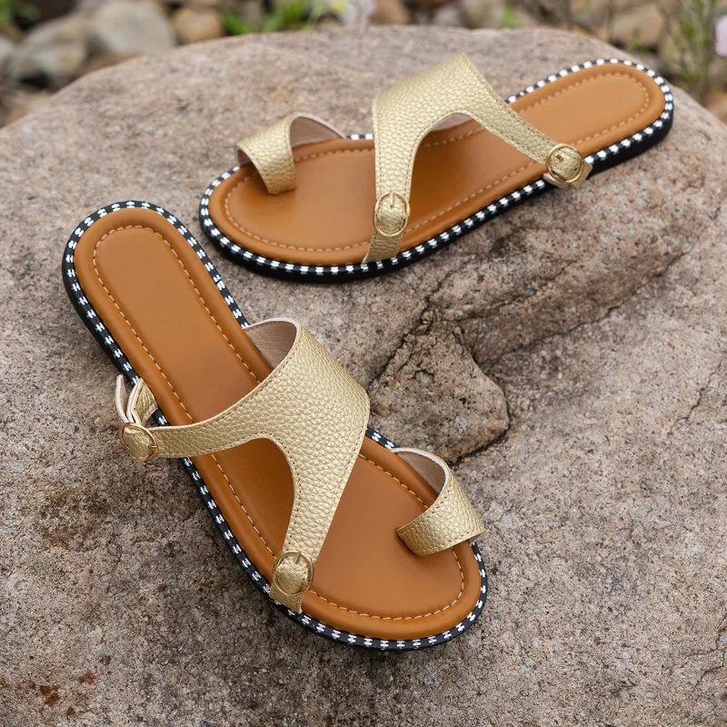 2024 Solid Leather Slippers for Women Shoes Peep Toe Ladies Casual Slides Female Buckle Strap Beach Slippers Flat Shoes