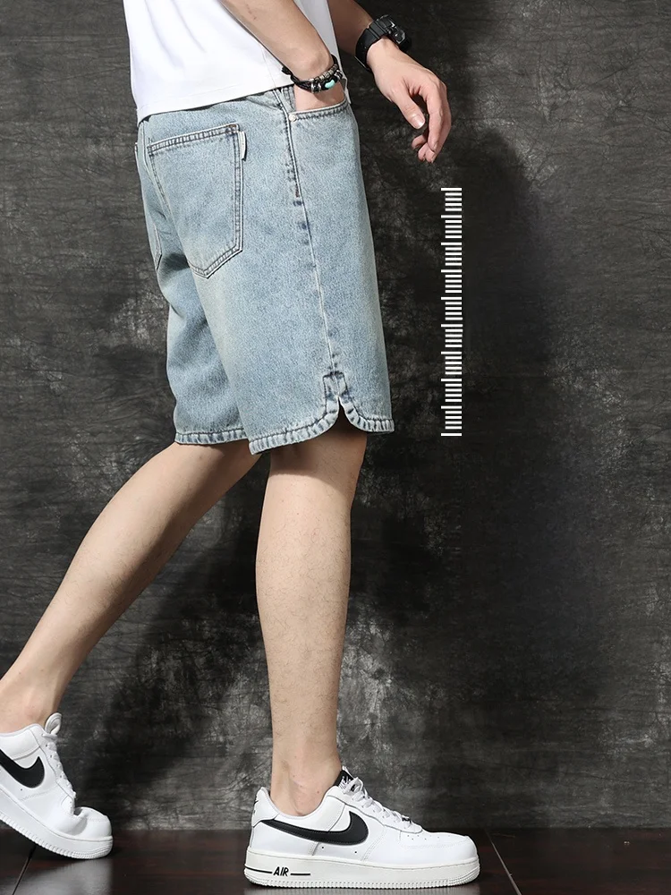 الأمريكية الرجعية الأزرق فضفاض الرجال الدنيم orts الصيف جديد واسعة الساق مستقيم خمسة أرباع عادية منتصف السراويل الشباب Faion الجينز