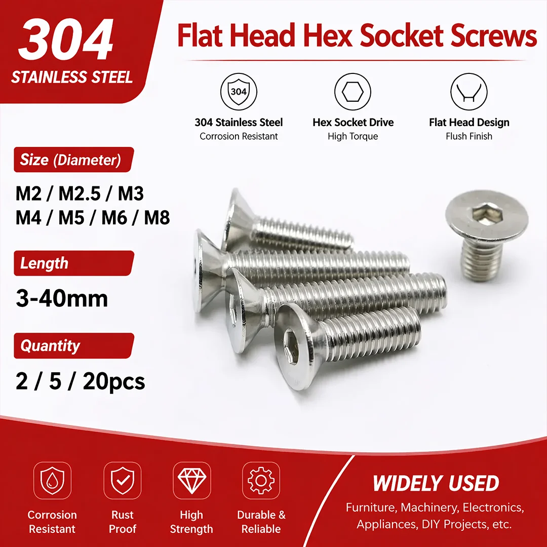 DIN7991 Hexagon Socket Countersunk Flat Head Screws,2-20pcs M2 M2.5 M3 M4 M5 M6 M8,304 Stainless Steel