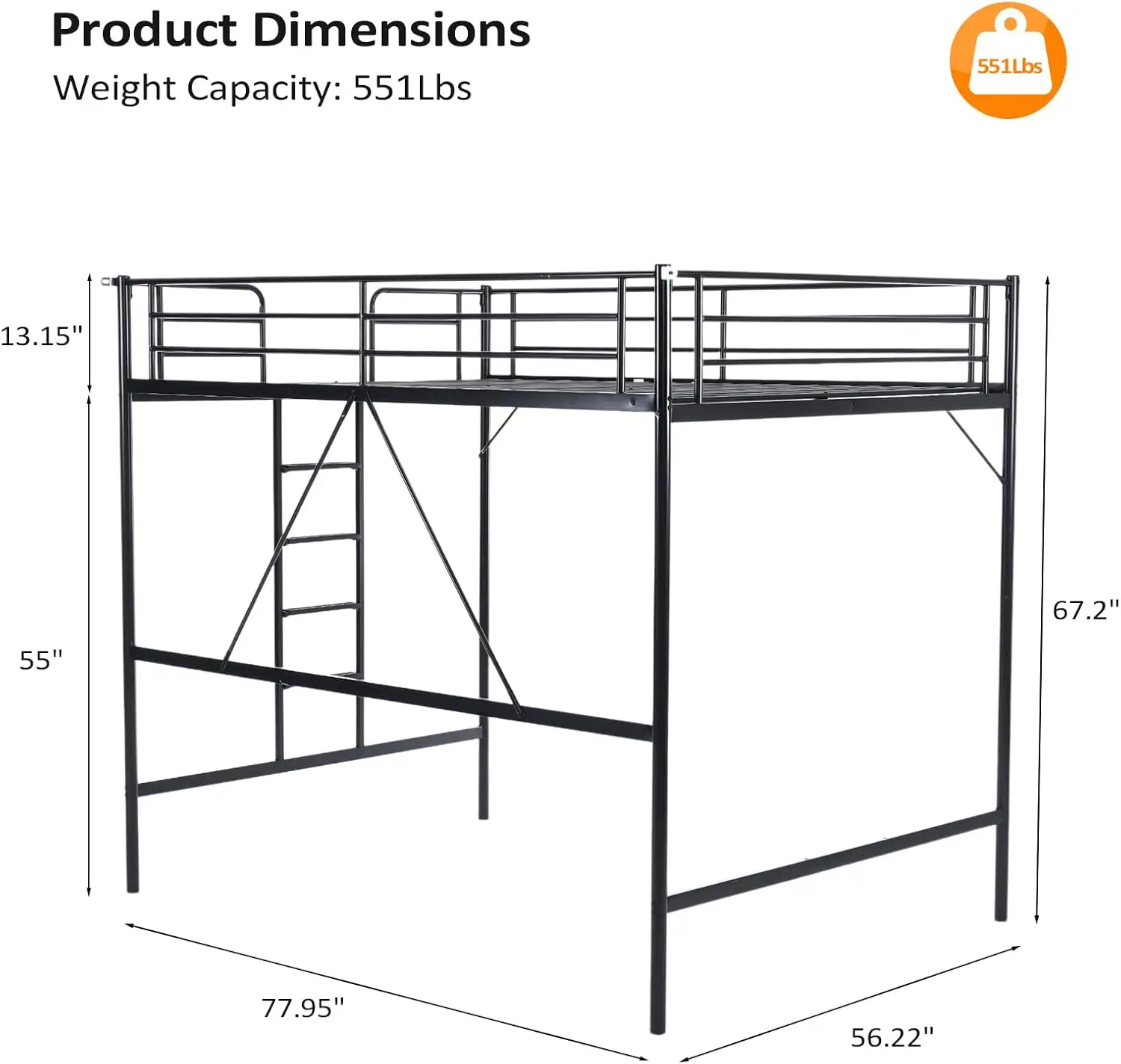 Loft Bed Full Size with Flat Rungs for Adults, Kids and Young Teens, No Box Spring Required,Heavy Duty Metal Slat Support