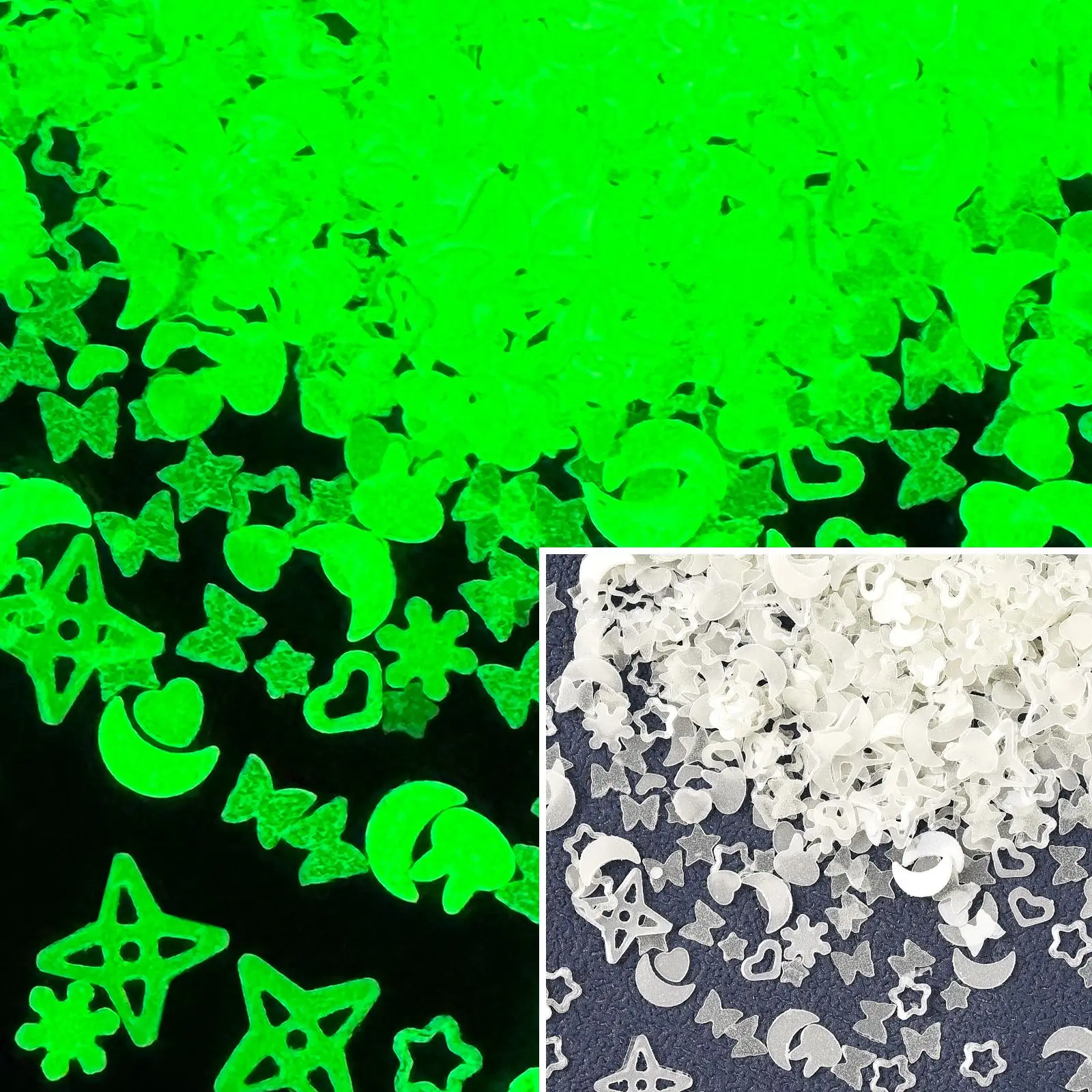 10g/3g Glow In The Dark Sequins Little Peach Heart Moon Snowflake Pentagram Sequins DIY Silicone Slim Filler