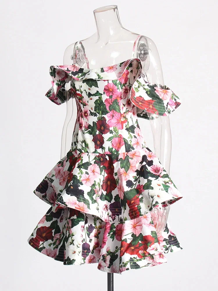 ดอกไม้พิมพ์ชุดมินิสําหรับเจ้าของ Camisole Patchwork Ruffles แขนสั้น Slim High เอว Ruched หวานหญิง