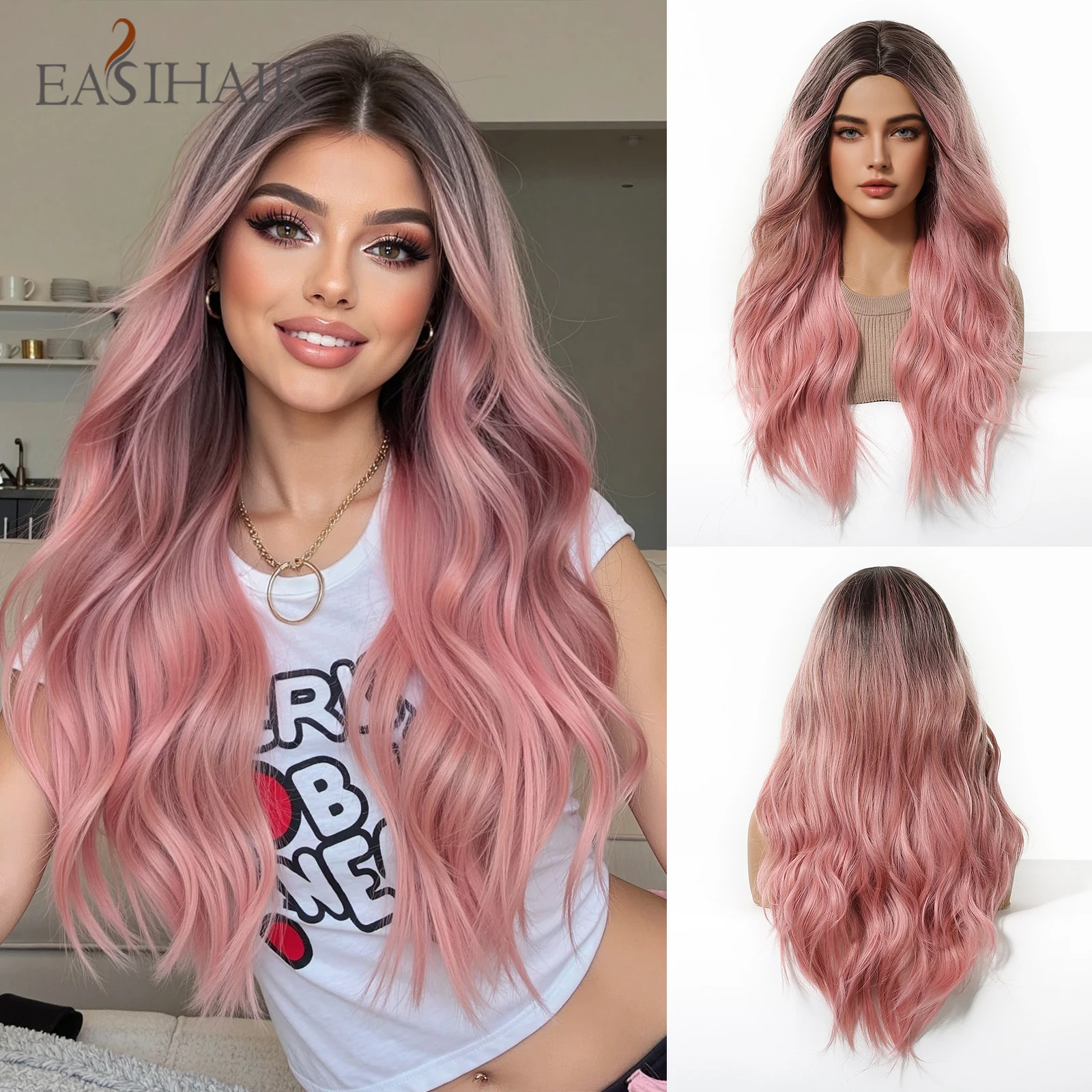 EASIHAIR 옴브레 핑크 합성 가발 긴 웨이브 핑크 가발 여성용 자연스러운 헤어 가발 어두운 뿌리 중간 가르마 코스프레 일상용