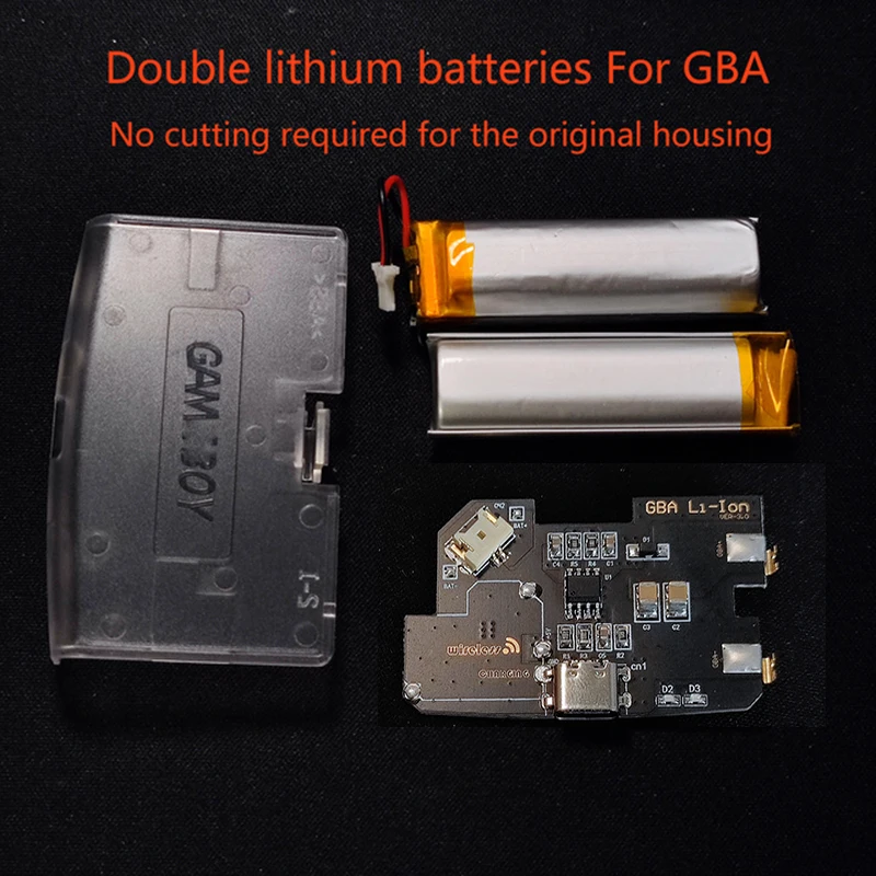 2000mAH Universal Rechargeable Dual Lithium Battery Module Mod USB-C For Game Boy Advance GBA,no need to cut shell