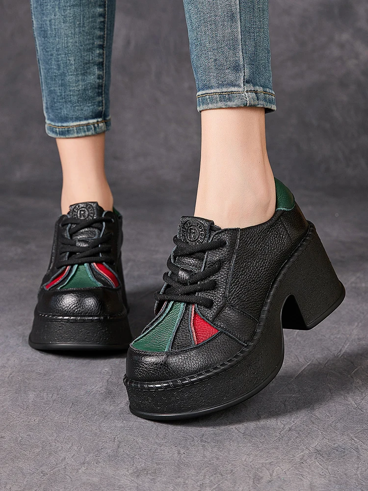 

Birkuir Retro High Heels Women Shoes Flat Platform 7cm Thick Heels Shoes Mixed Colors Genuine Leather Luxury Lace Up Shoes