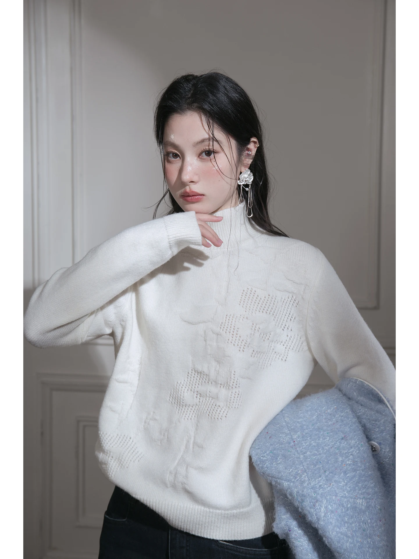 

COTRE Wool Blend Knitted Long Sve Thi Warm Turtlene Sweater with Embroidered Floral Relief for Women Autumn Winter