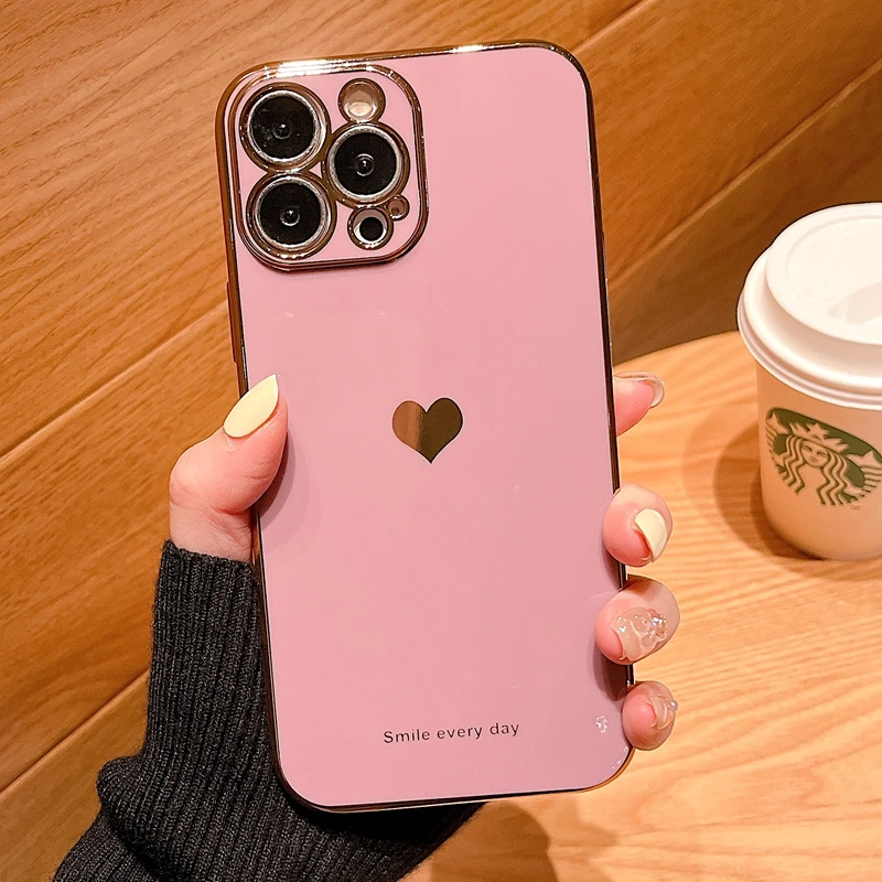 Soft Love Heart Electroplated Case For iPhone 11 12 13 14 15 Pro Max XS Max X XR 7 8 Plus SE 2020 Mini Shockproof Silicone Cover