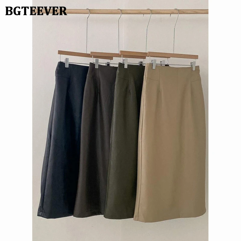 BGTEEVER ヴィンテージスプリットパッケージヒップ女性 Pu レザースカート春ハイウエストストレート女性スカート