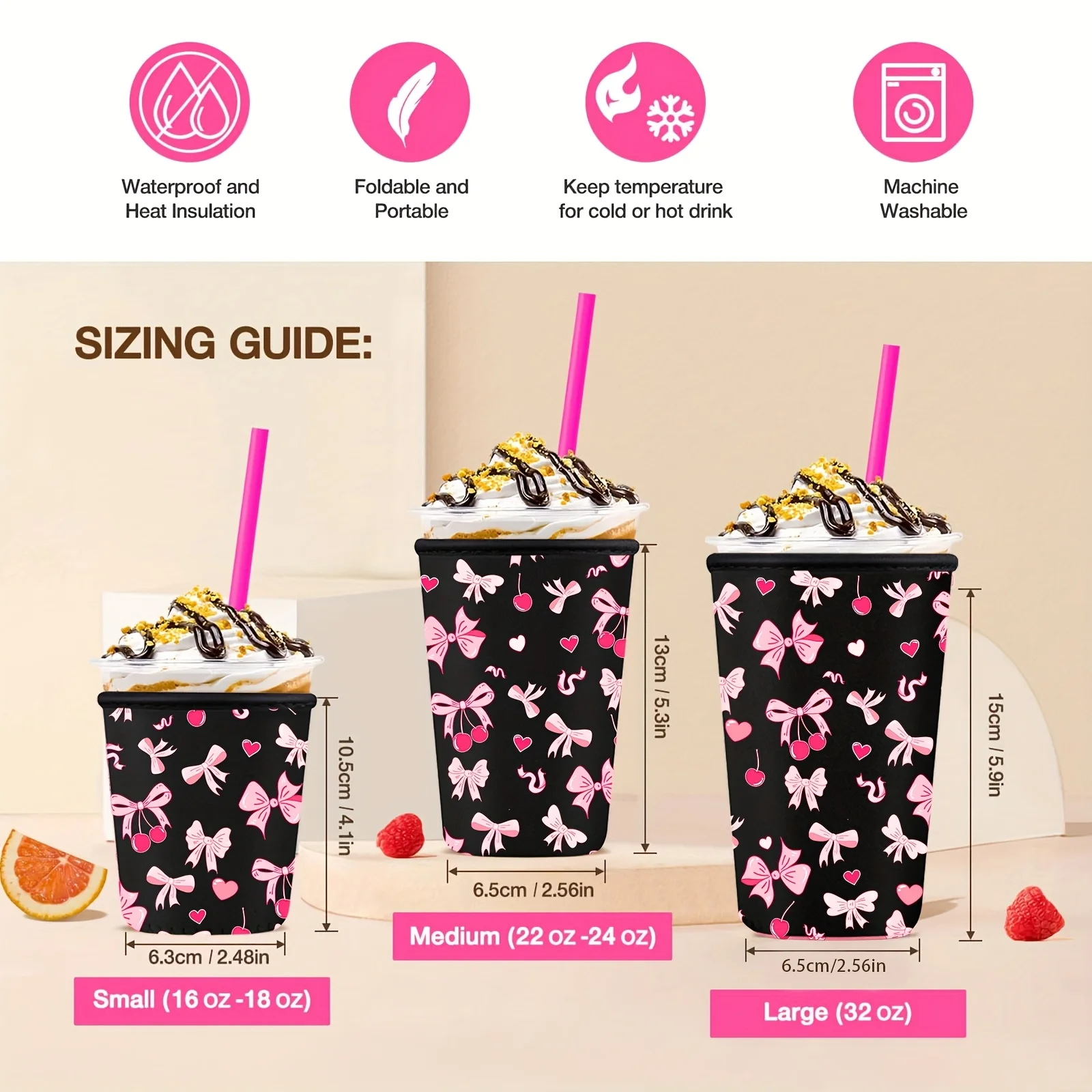 3pcs Reusable Iced Coffee Cup Sleeve for Large Sized Cups for Hot Cold Drinks, Compatible with Multiple Brands of 16-32OZ Cups
