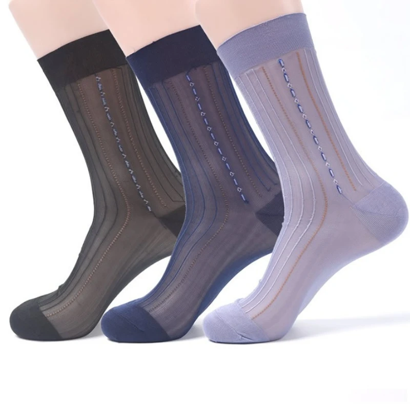 5 pares de calcetines de seda finos de tubo medio para hombre, calcetines elegantes para vestido de negocios, calcetines transpirables de nailon, calcetines de Jacquard a rayas para hombre
