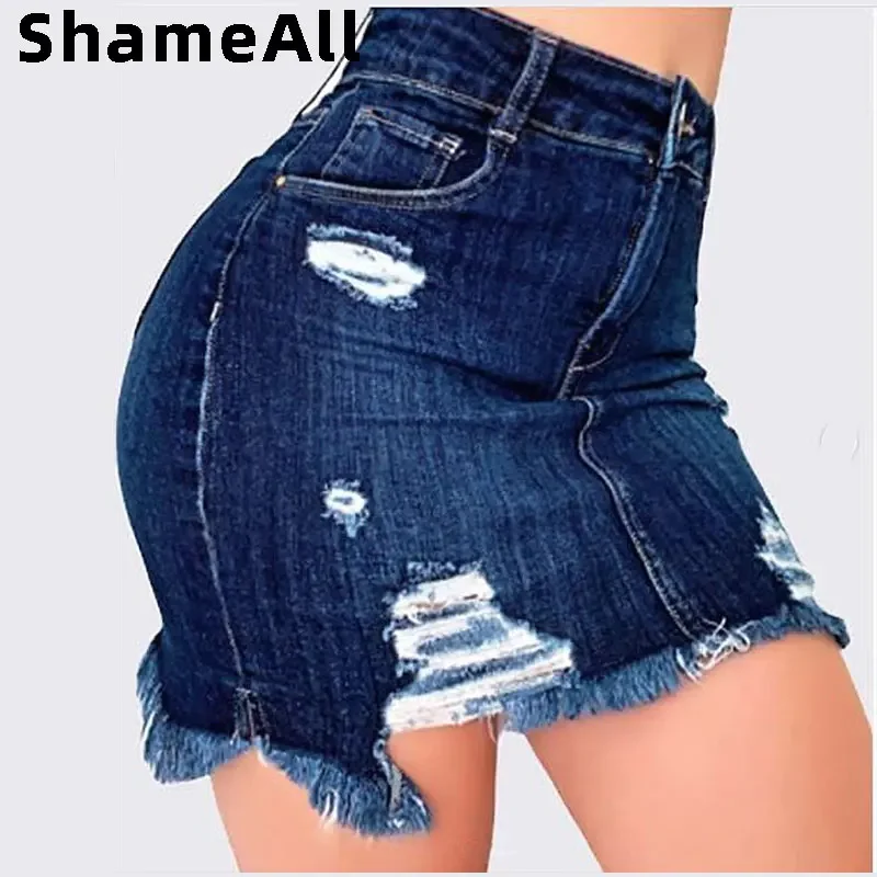 Plus Size Ripped Holes Bodycon Mini Denim Skirts 4XL 5XL Summer Sexy Ladies Tassel Short Pencil Skirts Wrap Jeans Skirt