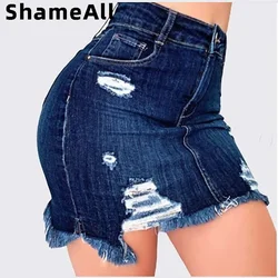 Plus Size Ripped Holes Bodycon Mini Denim Skirts 4XL 5XL Summer Sexy Ladies Tassel Short Pencil Skirts Wrap Jeans Skirt