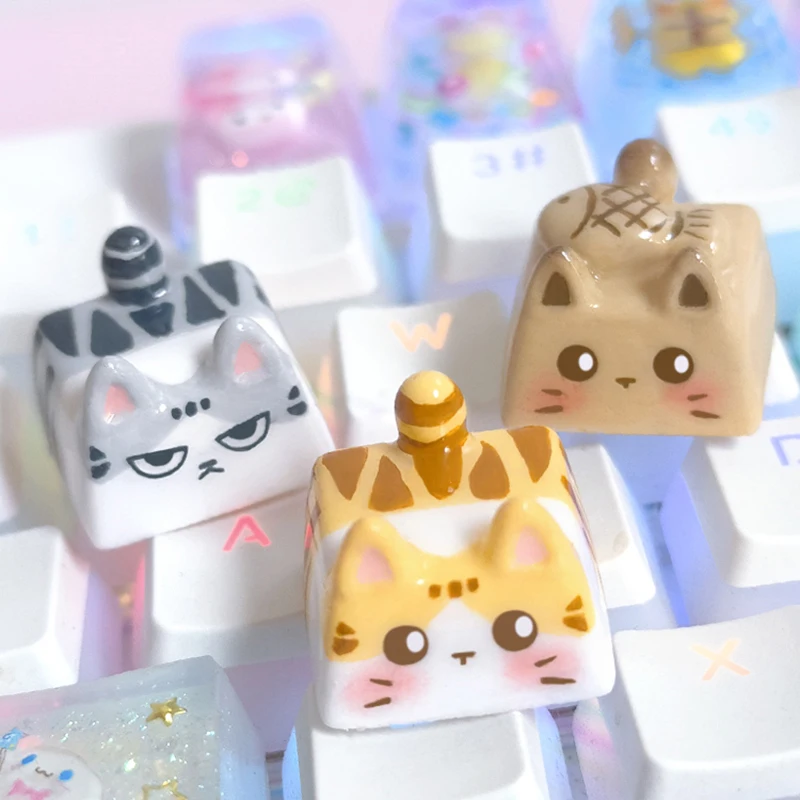 Kawaii Cat Keycap Original 3D Resin Keyboard Caps Custom Handmade Gaming Artistic Keycaps For Mechanical Keyboards Gift