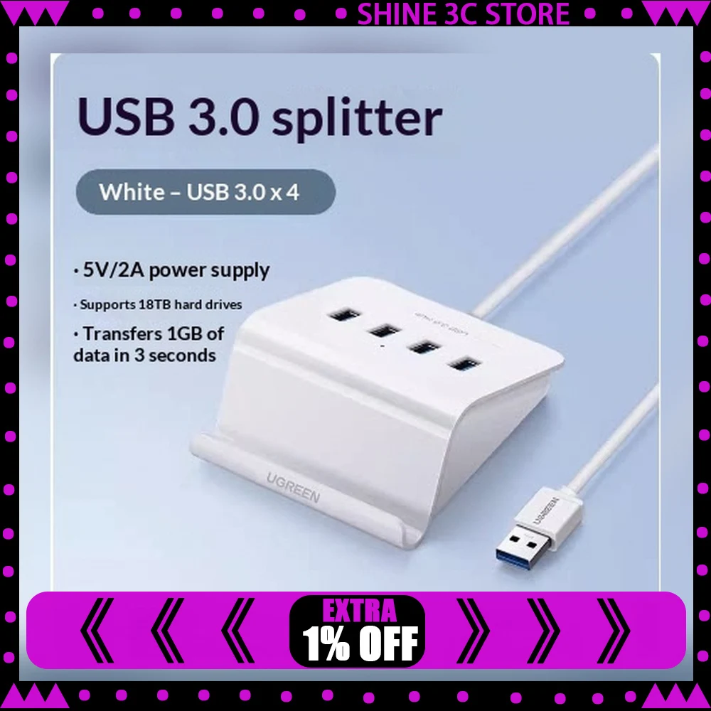 UGREEN 40441 1.5m USB 3.0 4 Port Hub Splitter with Power Adapter USB Expansion for Laptop Desktop Computer
