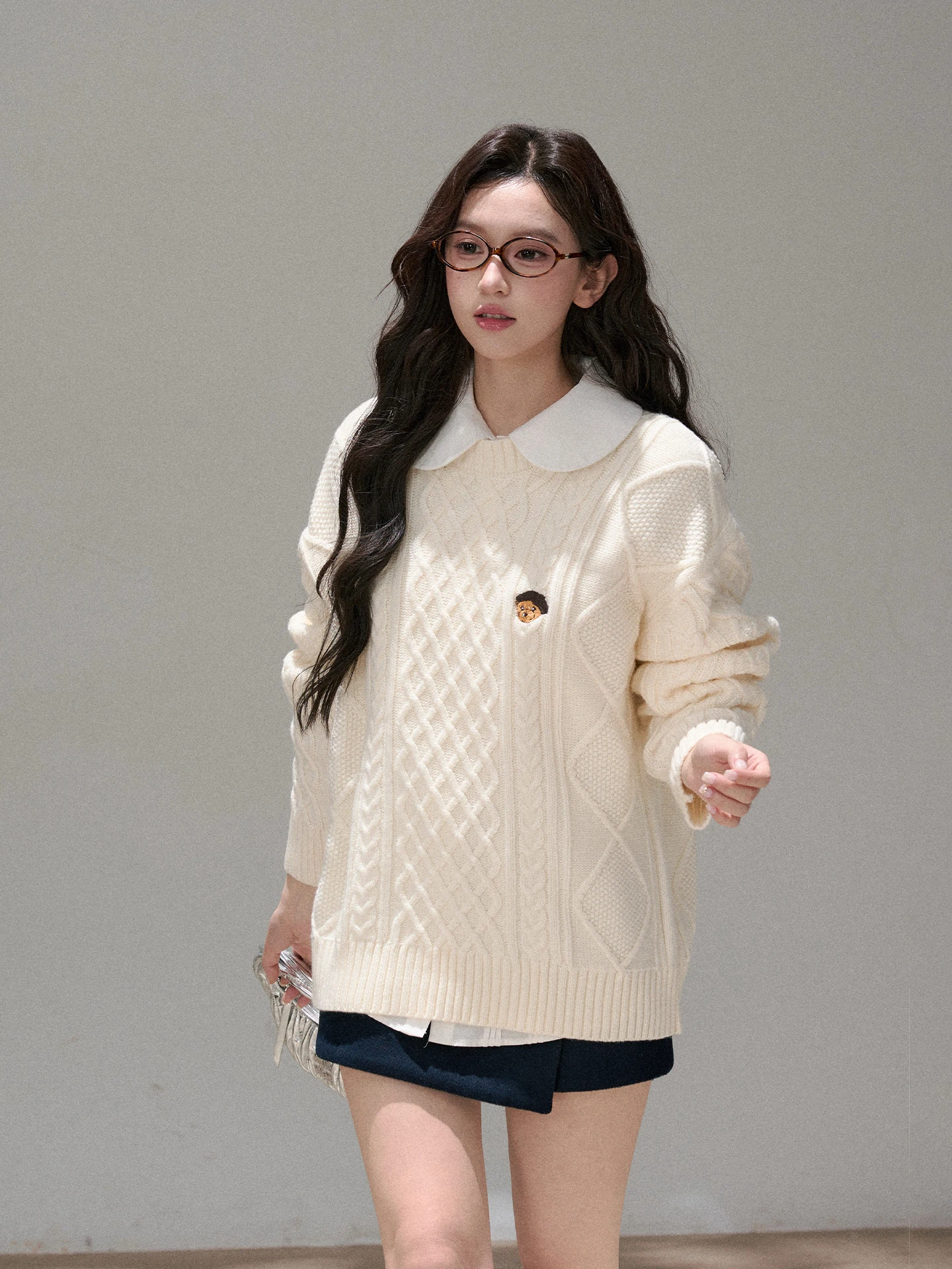 

OIOI E Vintage Casual round Ne Knitted Sweater Women Spring Long Sve Top Loose Fit Mid-Length Knitwear