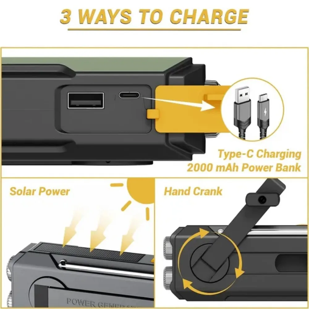 Weather Radio Emergency Multifunctional Radio FM AM WB Hand Crank Solar USB Charging 2000mAh Power Bank LED Flashlight Torch