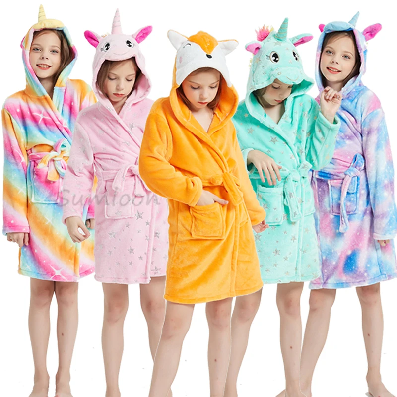 Kigurumi Children Bathrobe Baby Bath Robe Animal Rainbow Unicorn Hooded Bathrobes For Boys Girl Pyjamas Nightgown Kids Sleepwear