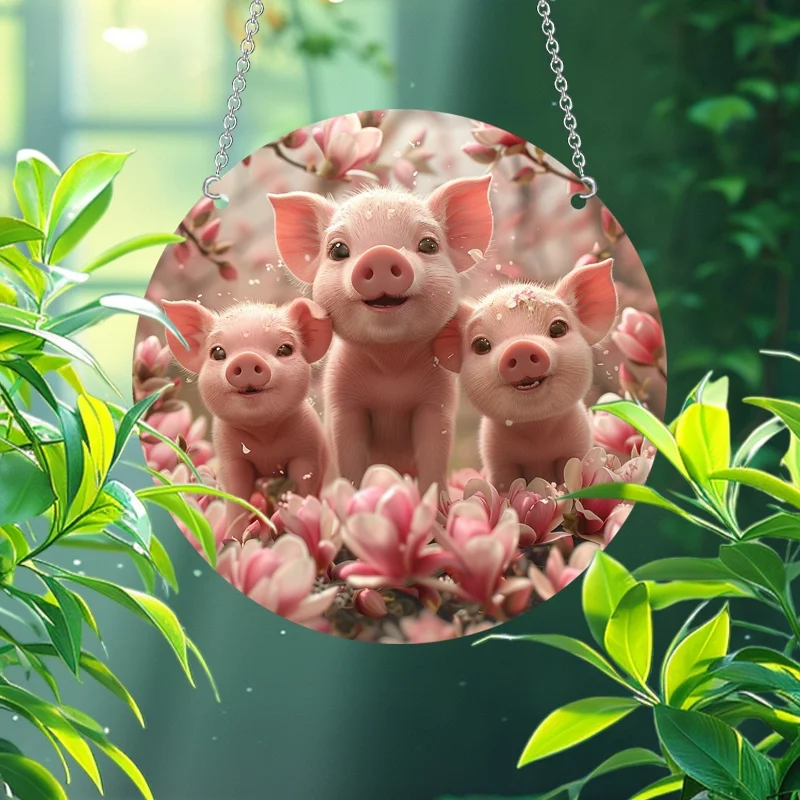 Charming Piggy Sun Catcher - Acrylic Round Pendant for Garden and Home Decor, Striking Party Wall Decor