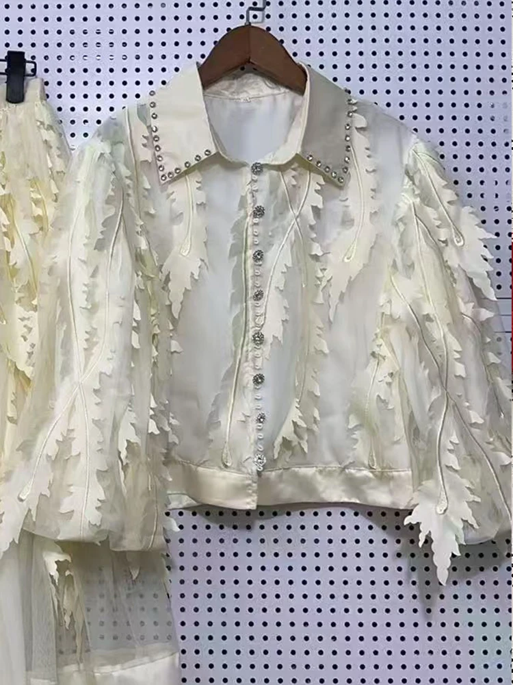 Camicia monopetto a maniche corte con trapano per unghie pesanti 2025 estate nuova + gonna con frange a vita alta abito da donna in due pezzi moda