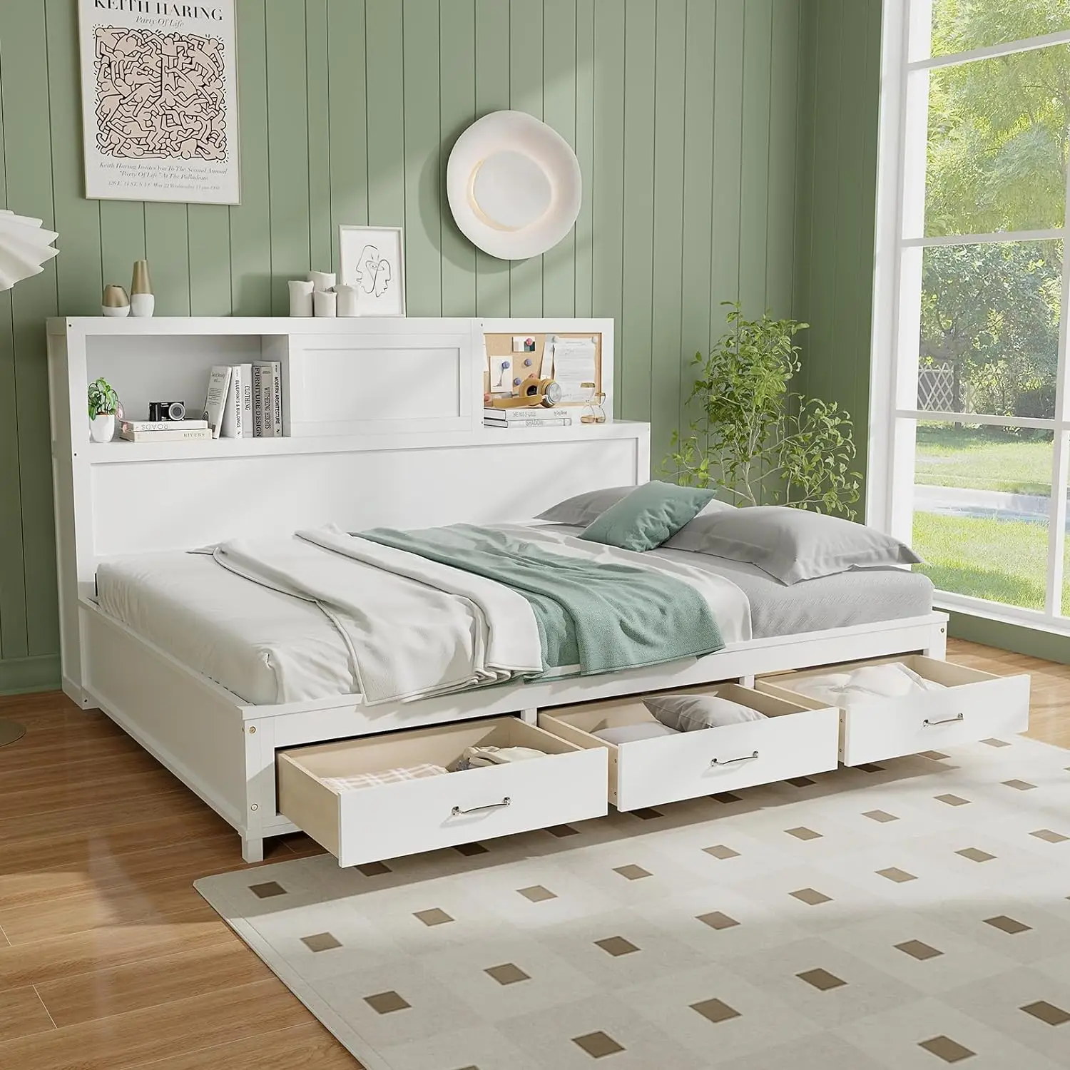 Giantex-Daybed completo com gavetas de arrumação, cama de madeira dia com prateleiras, cortiça e porta deslizante, Daybed Frame para crianças, 3 prateleiras de arrumação