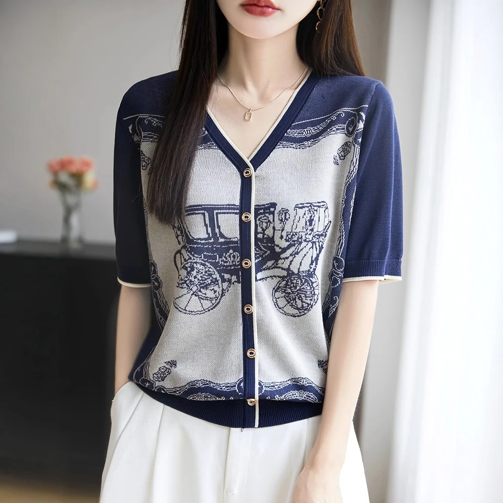 

2025 Summer T Shirt For Women New Retro Jacquard Ice Silk Knitted Shirt V-neck Casual Short Sleeve Cardigan Tops