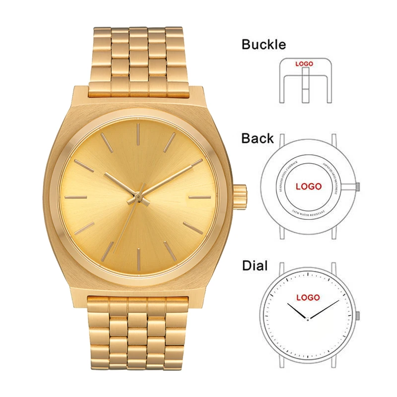 New Gold Unisex Style Wrist Quartz Watch Custom Brand Logo Or Photo Stainless Steel Band Japan Movement Wholesale