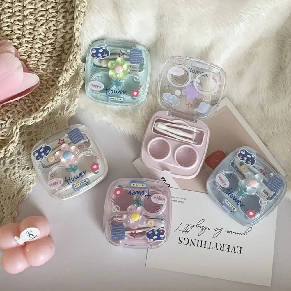 Fashion Flower Contact Lens Case Portable Lightweight Contact Lens Storage Box with Tweezers Mini Lens Nursing Tool