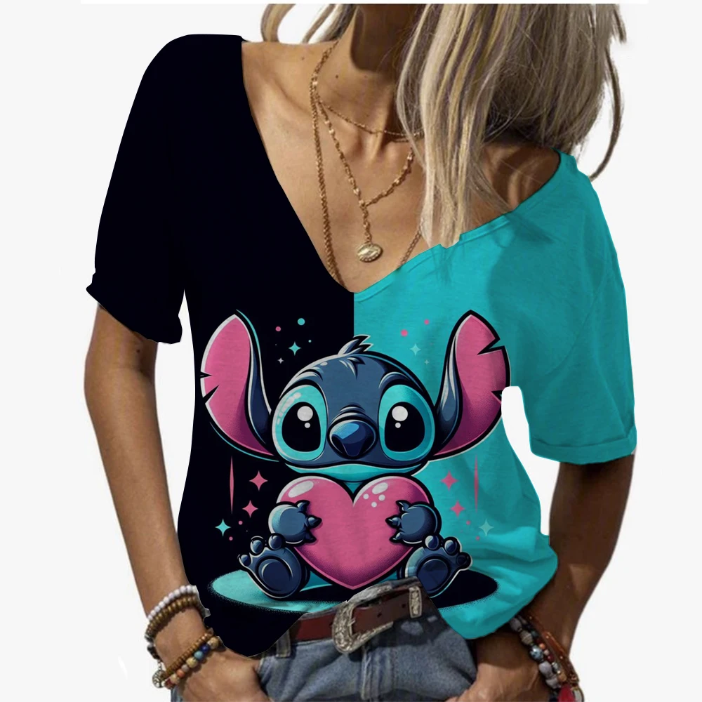 

2025 Europe and the United States wish new women's Disney Stitch Lilo print leisure loose V-neck short-sleeved T-shirt women