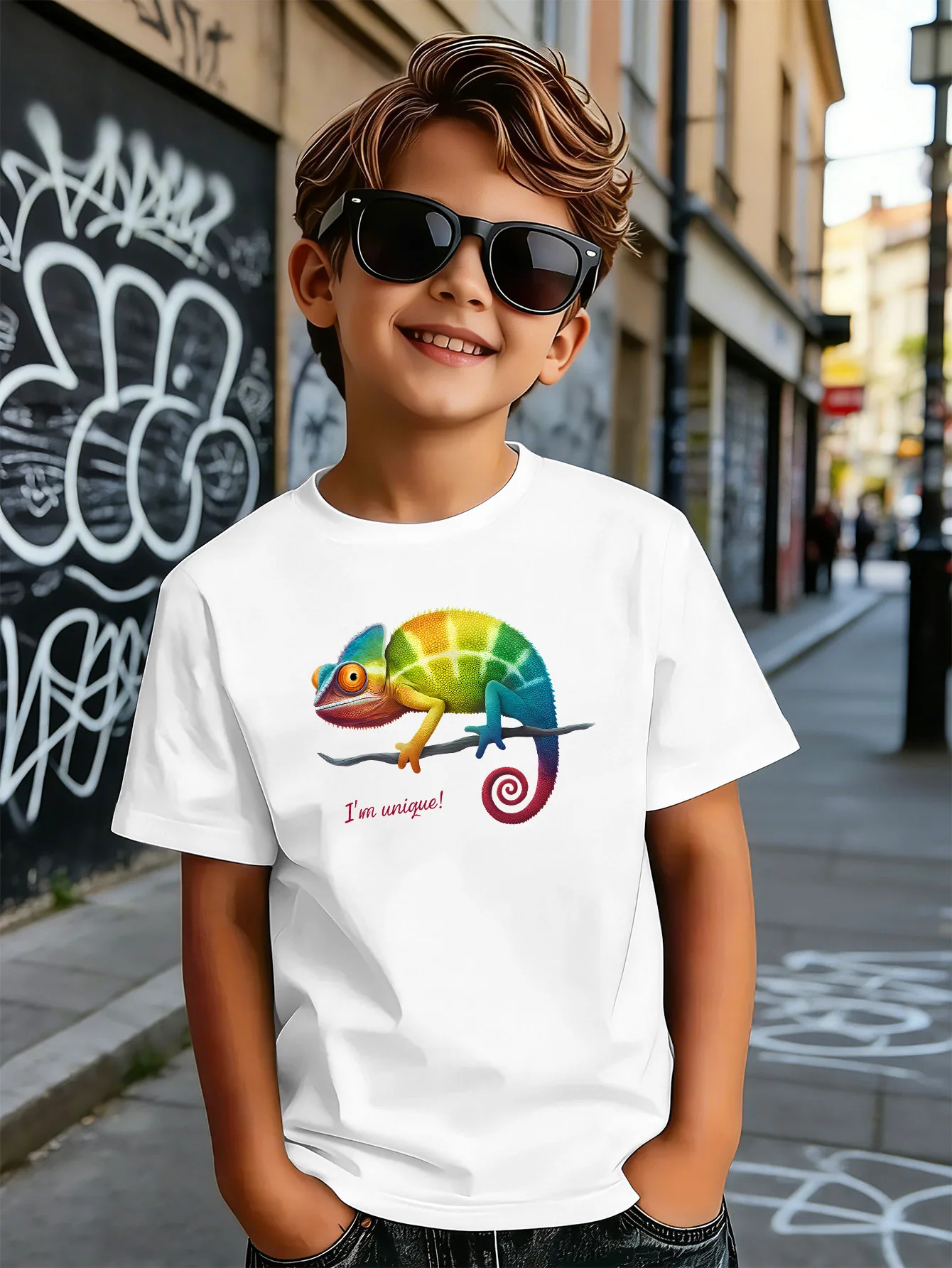 Vibrant Rainbow Chameleon Cartoon Print Boys Girls Family Matching Cotton Short Sleeve Crew Neck Soft Summer Kids Casual Tees