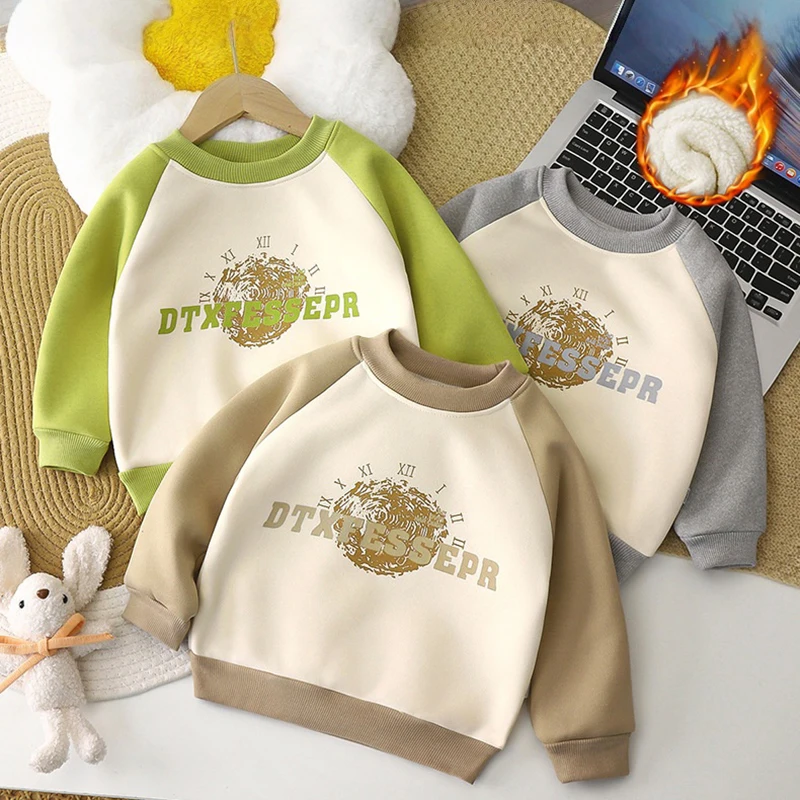 

1-7Y Kids Thicken Fleece Sweatshirt Vintage Letter Print Raglan Sleeve Winter Warm Pullover Color Block Toddler Top
